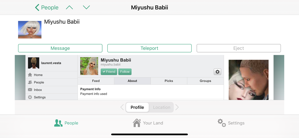 Second Lifeのユーザープロファイル、メッセージ送信、テレポート、追放オプションを表示するSL Notifierアプリインターフェイス
