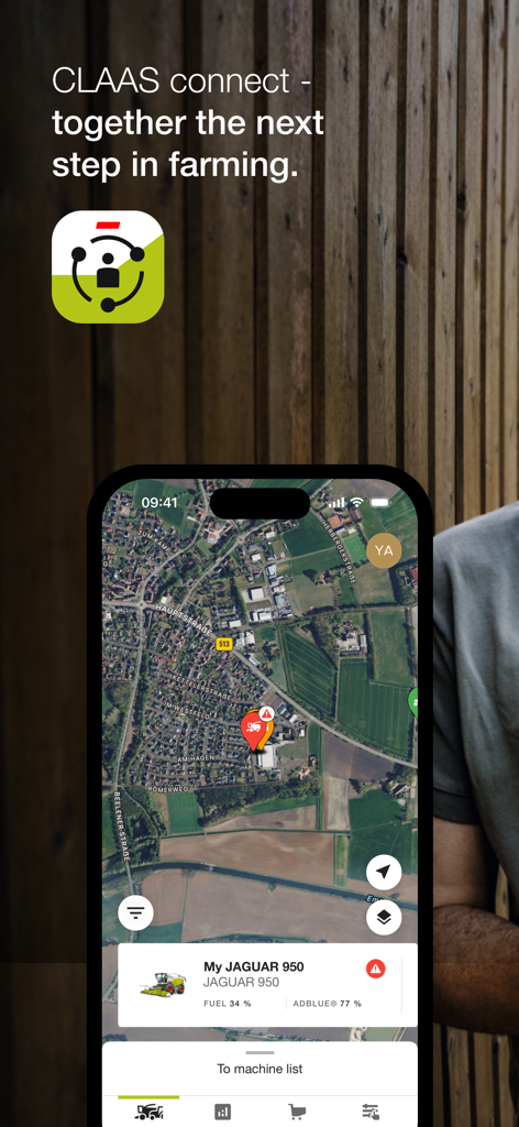 CLAAS connect - CLAAS connect App-Oberfläche, die Echtzeit-Maschinenverfolgung und -status auf einer Satellitenkarte anzeigt