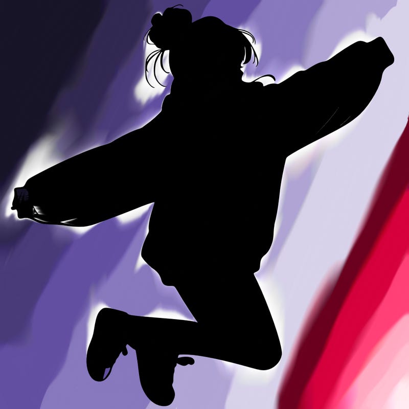 realistic girl jumping with a bun and oversized sweatshirt