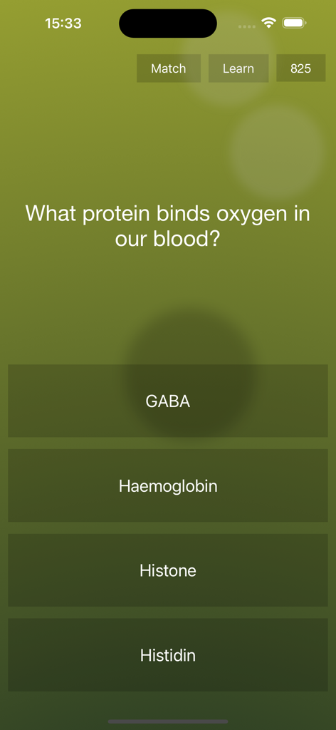 A science trivia question about blood proteins in the Endless Quiz app interface