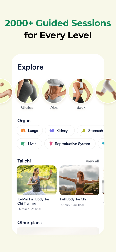Explore screen of ZenFit app showing Tai Chi sessions and body-focused exercise categories