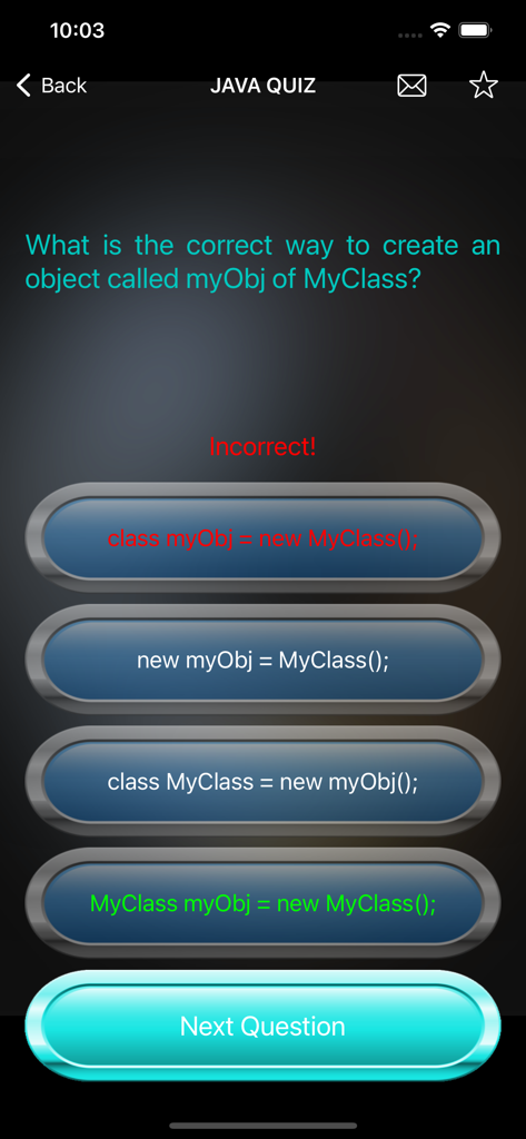 Web Development Languages Quiz - A Java quiz question on object creation showing correct and incorrect answer feedback.