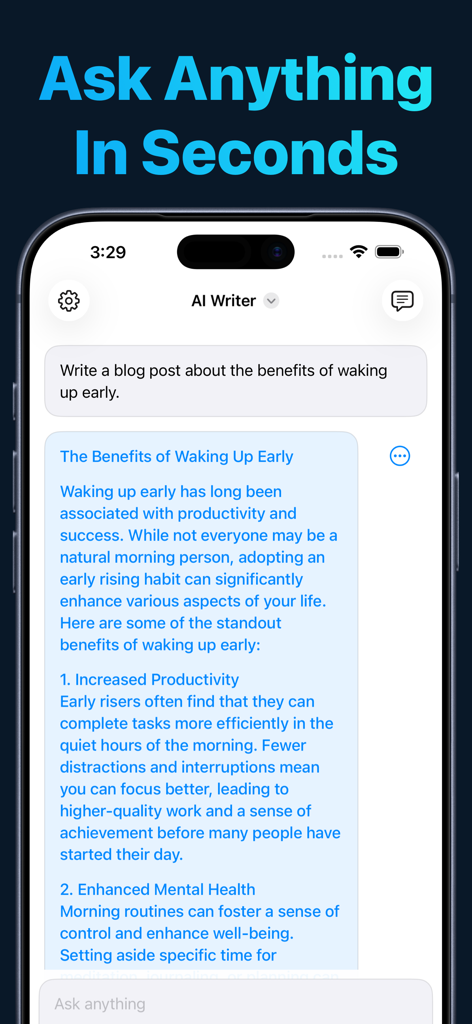 A smartphone displaying the AI Writer app generating a blog post about the benefits of waking up early.
