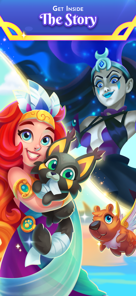 Midas Merge: Relaxing Games - A heroic red haired woman holds a magical creature next to a winged companion in front of a blue skinned villainess