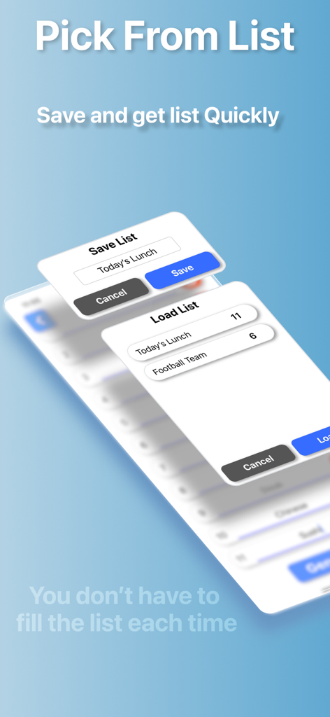 Random Generator App - Random Generatorアプリで保存およびロードオプションを備えた、リストからの選択機能を示すスクリーンショット