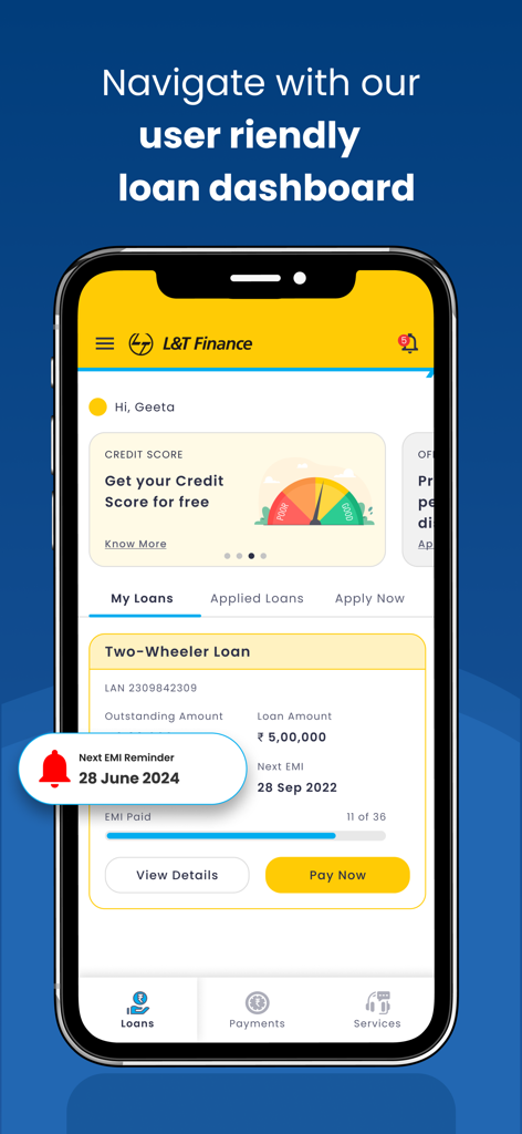 L&T Finance PLANET app interface showing a comprehensive loan dashboard with EMI status and credit score.