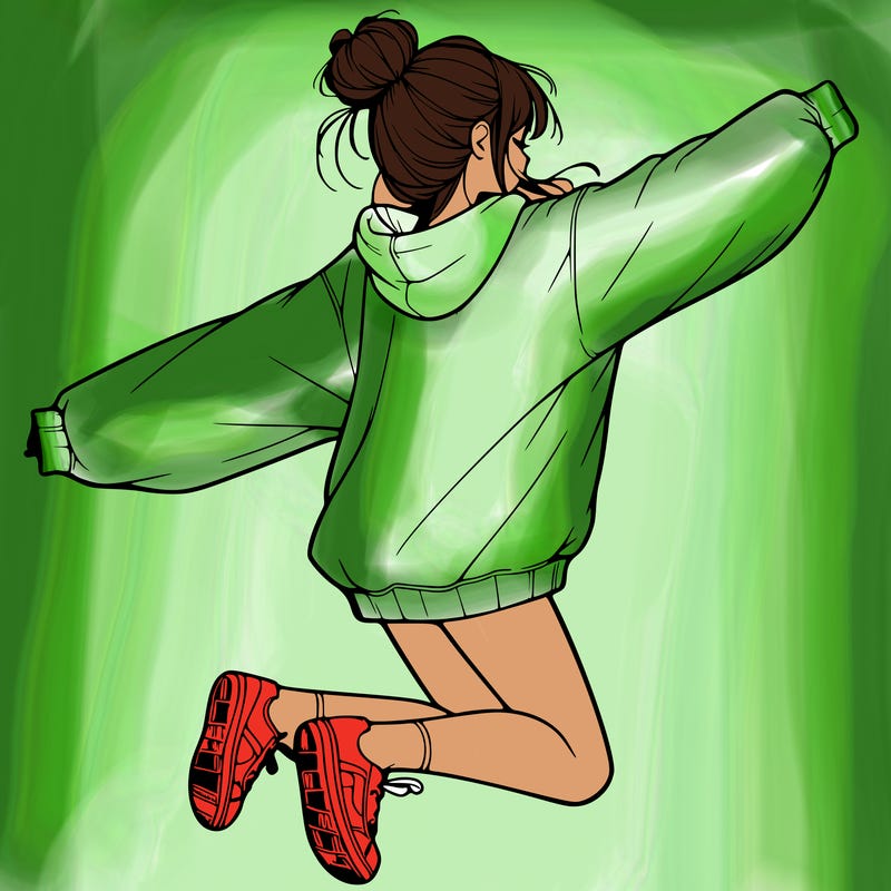 realistic girl jumping with a bun and oversized sweatshirt