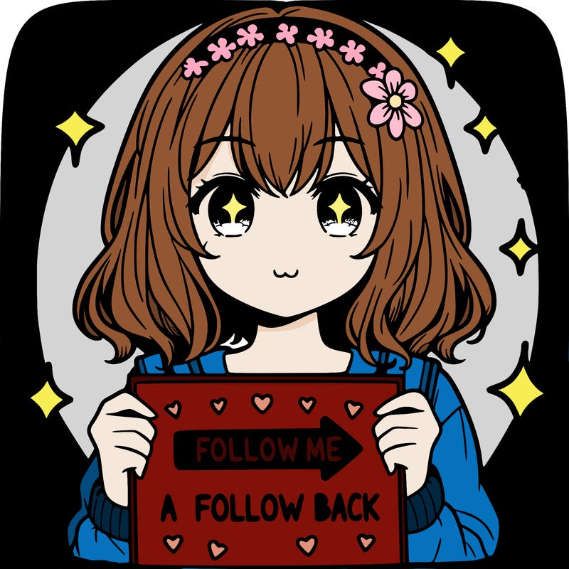 a picture of an anime girl holding a sign that says follow me for a follow back