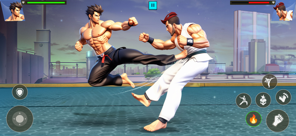 Karate Kings : Anime Fighting - Two 3D anime characters engaged in a karate fight on a city rooftop