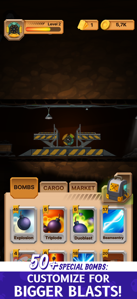 The Detonator : Travel Down - In-game inventory menu showing various special bomb types for mining explosions