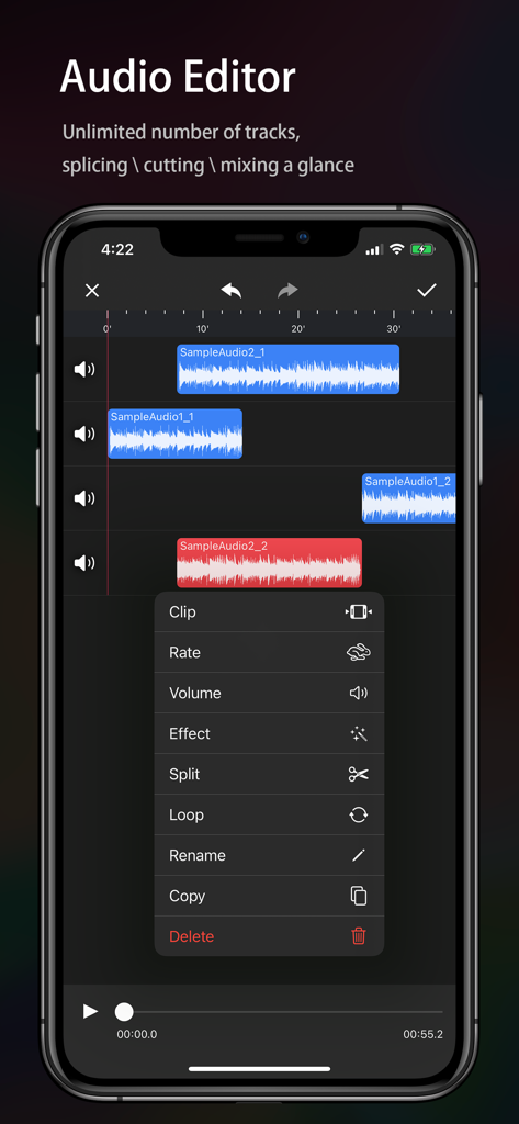 Audio Editor - Music editor - Mobile audio editor interface showing multiple sound tracks and a menu of editing tools like clip and split