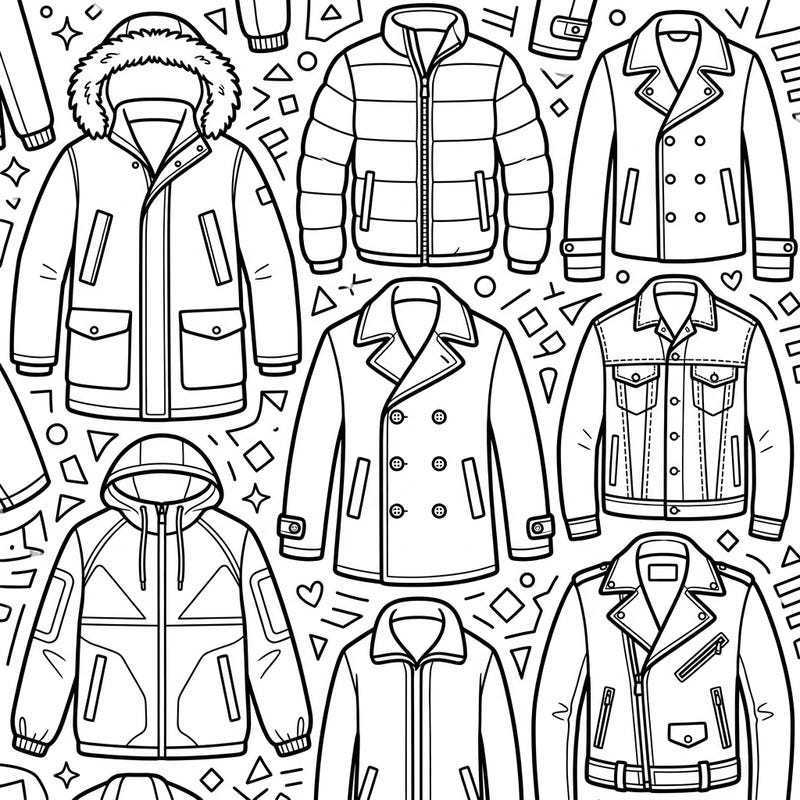 Get ready to color a fantastic collection of jackets and coats designed just for kids! From sporty windbreakers to warm parkas, young artists will love bringing these stylish outerwear pieces to life.