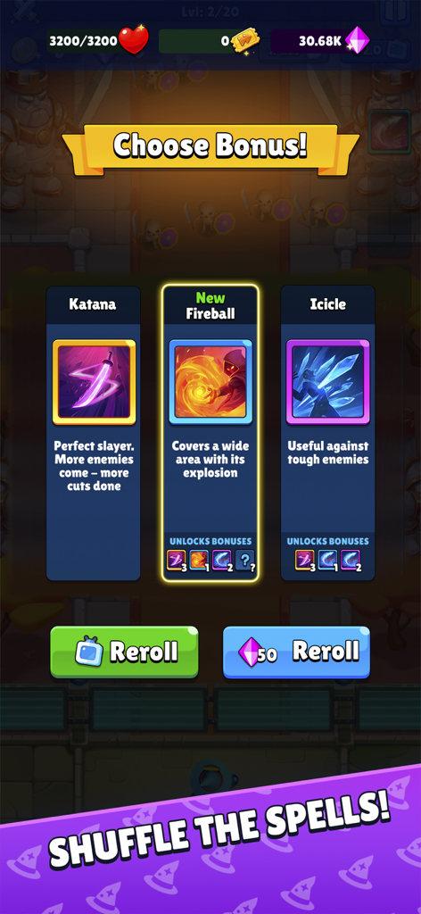 Elige el menú de Bonificación en Wizard Tower Idle TD con los hechizos Katana Fireball e Icicle