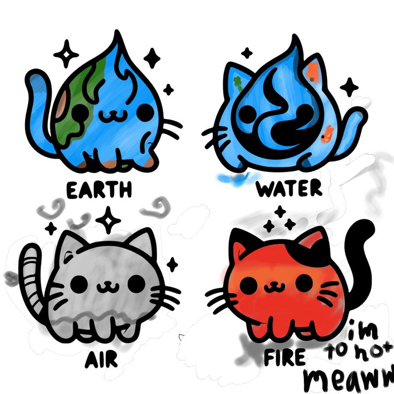 4 cats that represent the different elements, earth, water, air, and fire