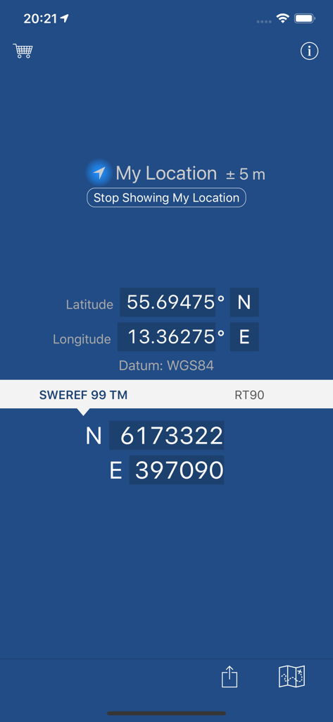 Swedish Coordinates - Swedish Coordinates app screen showing GPS conversion between WGS84 and SWEREF 99 TM systems