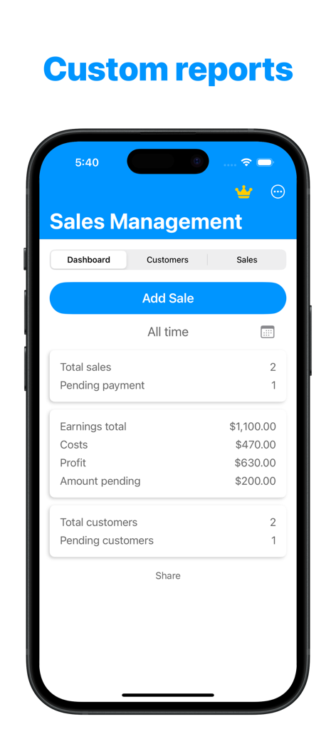 Simple Sales Management - Mobiles Dashboard der Einfache Verkaufsverwaltung-App mit Gewinnverfolgung und Verkaufsberichten für Kleinunternehmer