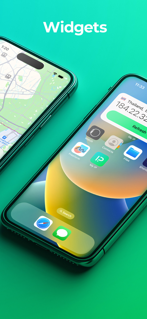 My IP Widget - Una pantalla de inicio de iPhone que muestra el widget My IP con una dirección IP pública e información de geolocalización.