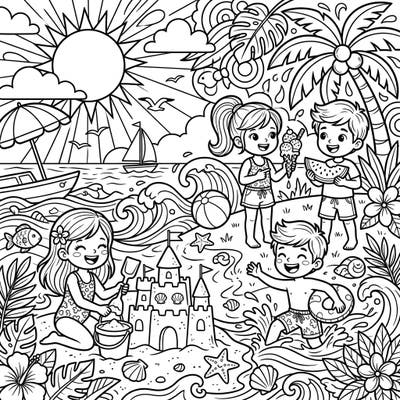 Capture the essence of a perfect summer day with this delightful coloring page featuring children enjoying a lively beach adventure. From building sandcastles to splashing in the waves, this scene is bursting with sunny fun for young artists.