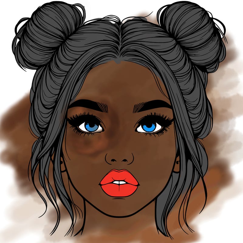 realistic girl with two buns on her hair and lips
