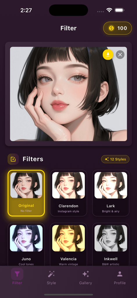 Yeko - Yeko app screen showing an AI portrait preview with several professional filter options like Clarendon and Lark
