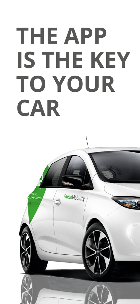 Un coche urbano eléctrico blanco con la marca GreenMobility y texto que indica que la aplicación es la llave del coche