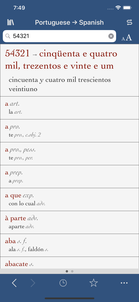Ultralingua Spanish-Portuguese - Interface do aplicativo de dicionário Ultralingua Espanhol-Português apresentando um tradutor de números e lista de vocabulário