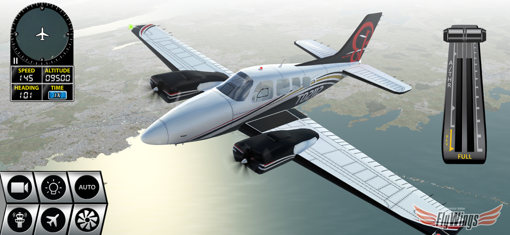 Flight Simulator FlyWings 2016 - A twin engine aircraft flying over a coastal city in the Flight Simulator FlyWings 2016 mobile game