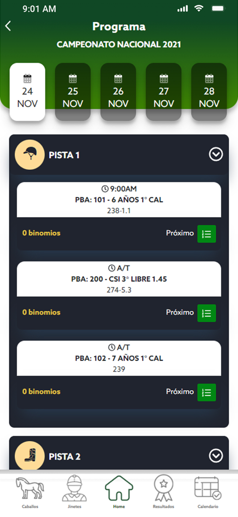 FEM - Official program of the Mexican Equestrian Federation national championship showing daily schedules for jumping arenas