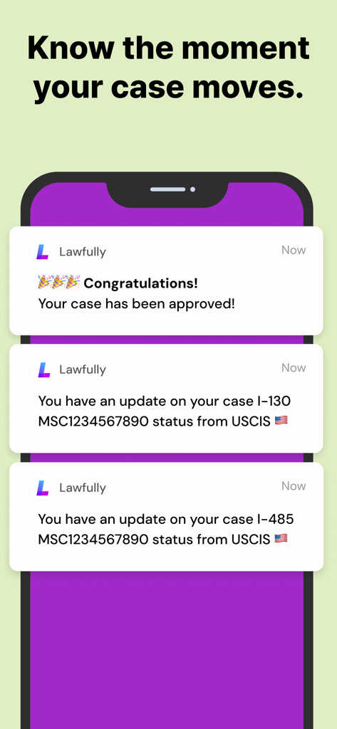 Lawfully Case Tracker - Smartphone showing Lawfully app push notifications for USCIS case status updates and approvals