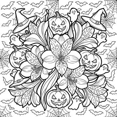 Unleash your creativity with this unique Peruvian Lilies Halloween coloring page, blending delicate blooms with festive frights. Discover a charming mix of jack-o'-lanterns, ghosts, and beautiful flowers, perfect for a spooky artistic escape.