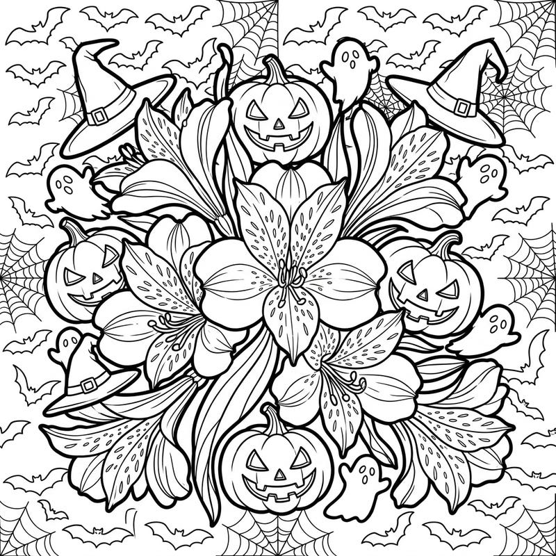 Unleash your creativity with this unique Peruvian Lilies Halloween coloring page, blending delicate blooms with festive frights. Discover a charming mix of jack-o'-lanterns, ghosts, and beautiful flowers, perfect for a spooky artistic escape.