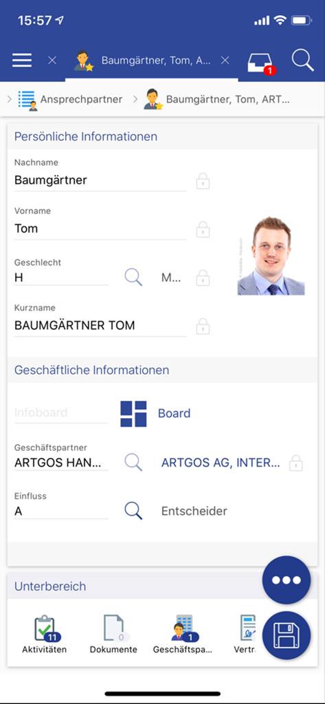 CURSOR - CURSOR CRM mobile app interface showing a business contact profile with personal and professional details