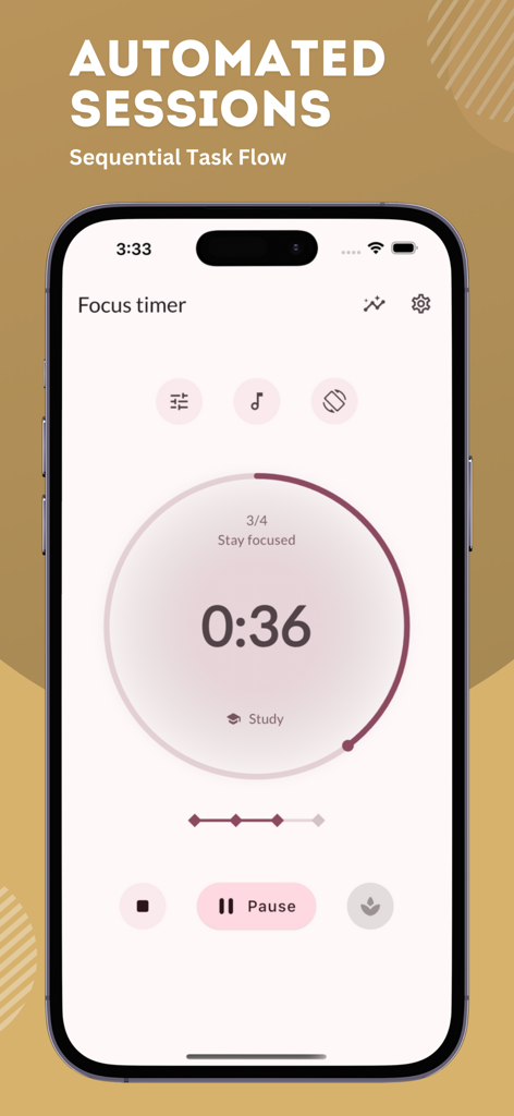 Pomodoro Focus Timer Pro - スタディ用のアクティブな集中セッションタイマーと連続タスクフローを示すPomodoro Focus Timer Proインターフェース