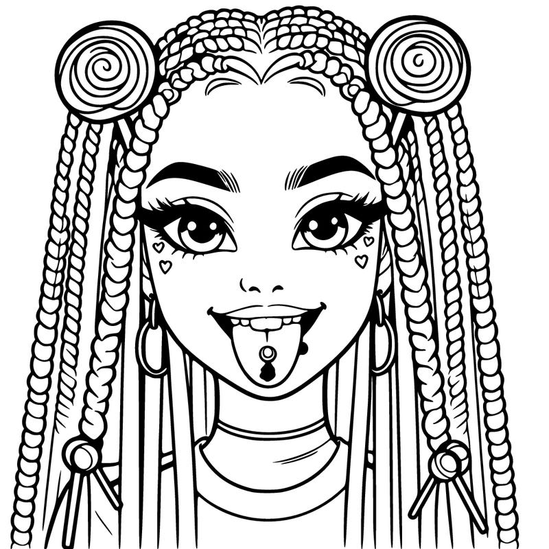 girl with lollipops and box braids with tongue piercing