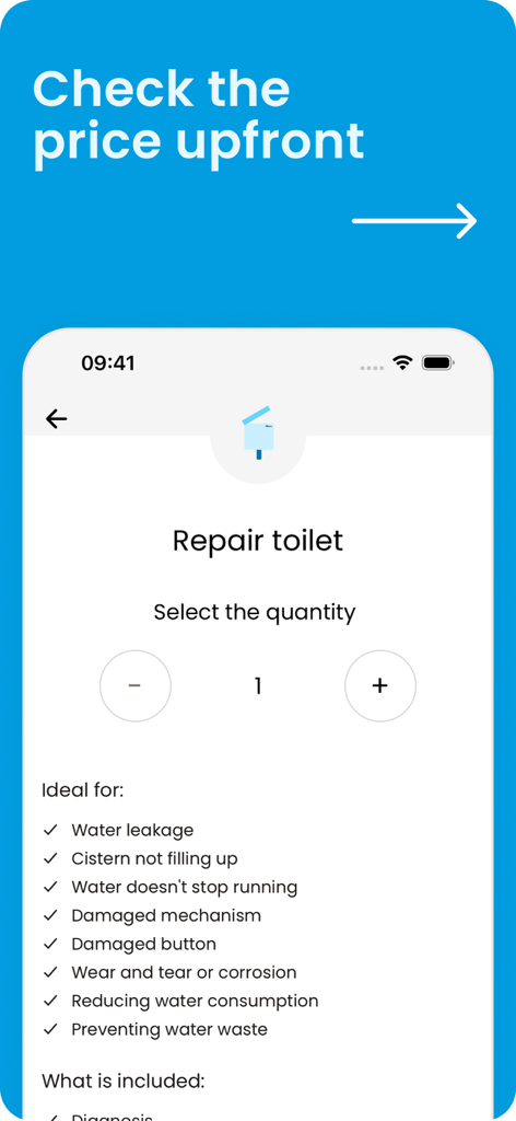 OSCAR: home services - OSCAR app interface showing upfront pricing and service details for a toilet repair booking.