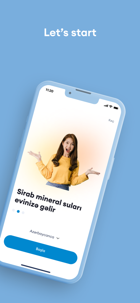 The onboarding screen of the Sirab Su mobile app featuring a smiling woman and a start button