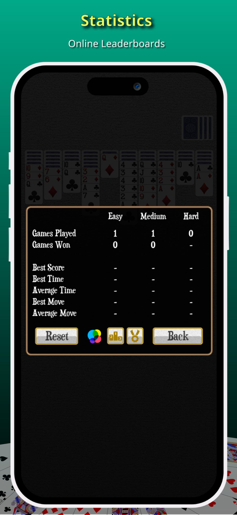 Black Widow - Spider Solitaire - Statistics menu in Black Widow Spider Solitaire showing game records and performance metrics for easy medium and hard levels