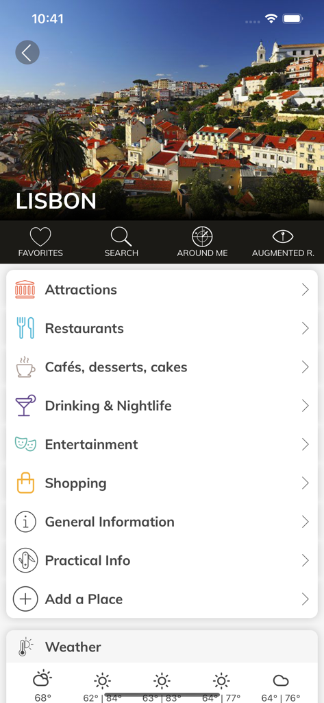 Meu Agente - Meu Agente app interface showing a city guide for Lisbon with categories for attractions restaurants and weather