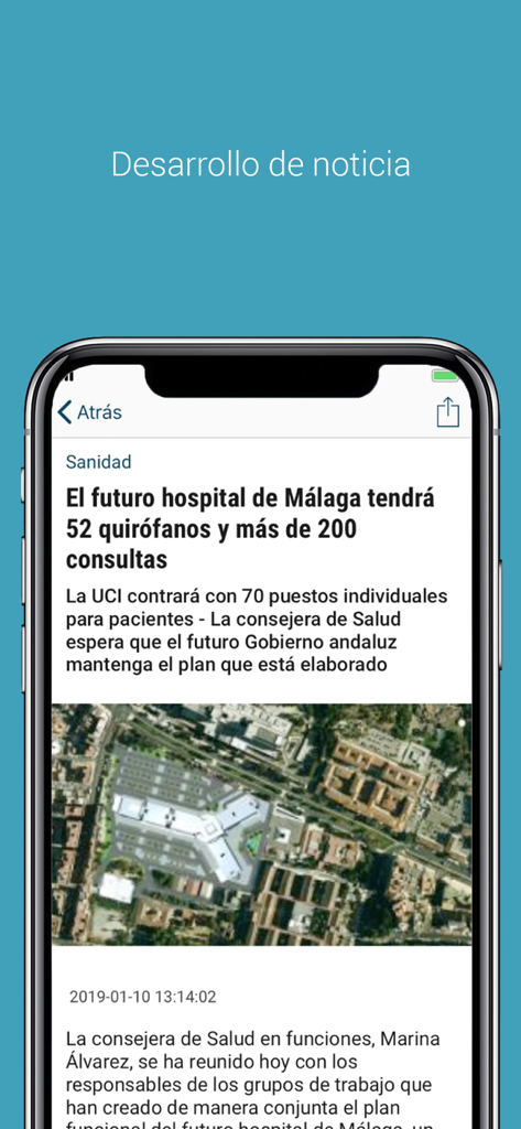 La Opinión de Málaga - Interfaccia dell'app La Opinion de Malaga che mostra un articolo di notizie su un ospedale locale