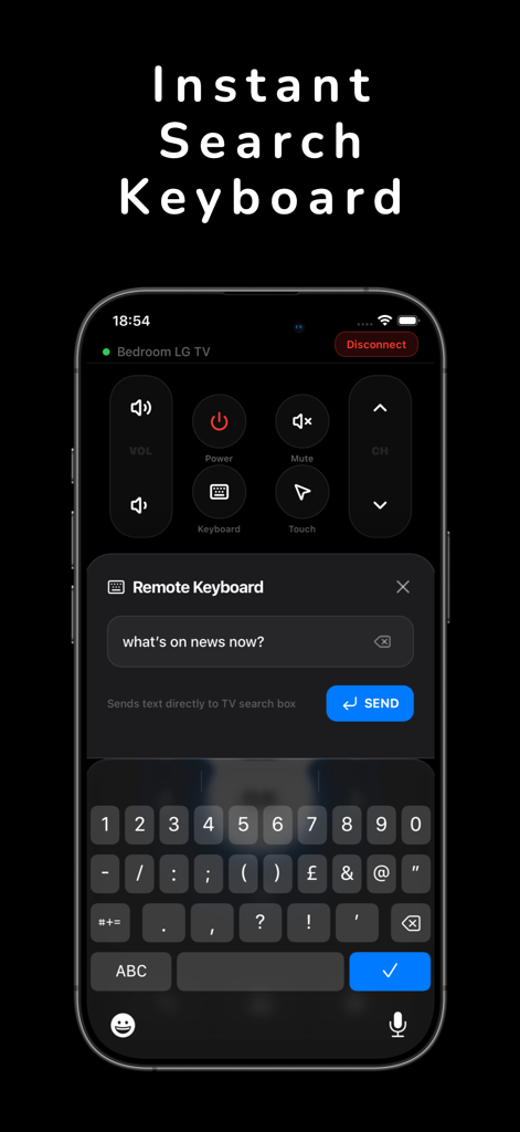 TV Remote Controller: Touchpad - A smartphone displaying the UniRemote app keyboard feature for searching TV content