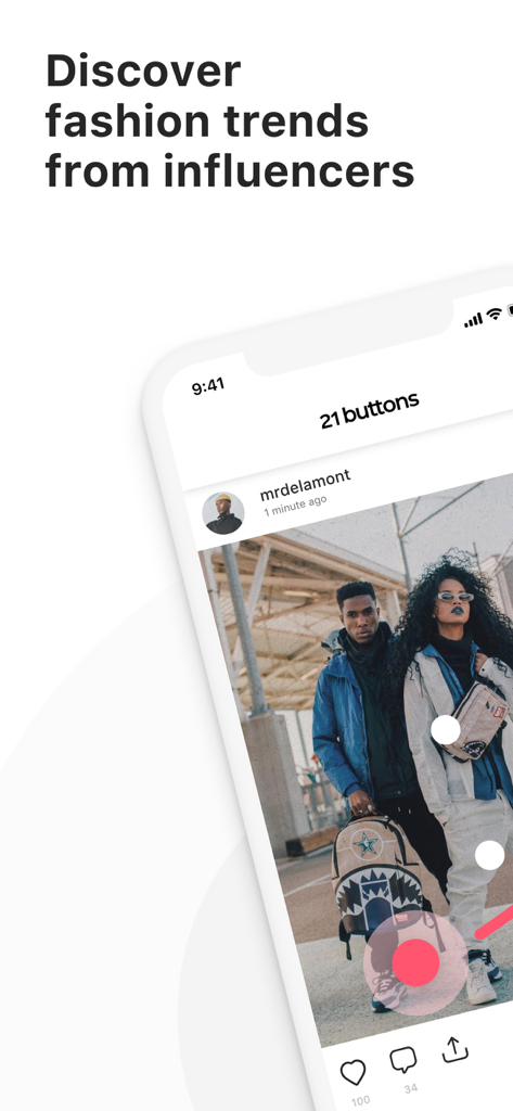 21 Buttons: Fashion Network - Interface der 21 Buttons App zeigt urbane Streetwear-Trends von Influencern mit shoppable Tags