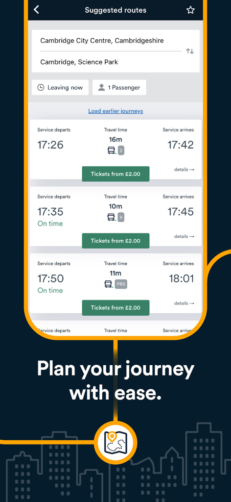 Suggested bus routes and ticket options on the Stagecoach Bus app interface