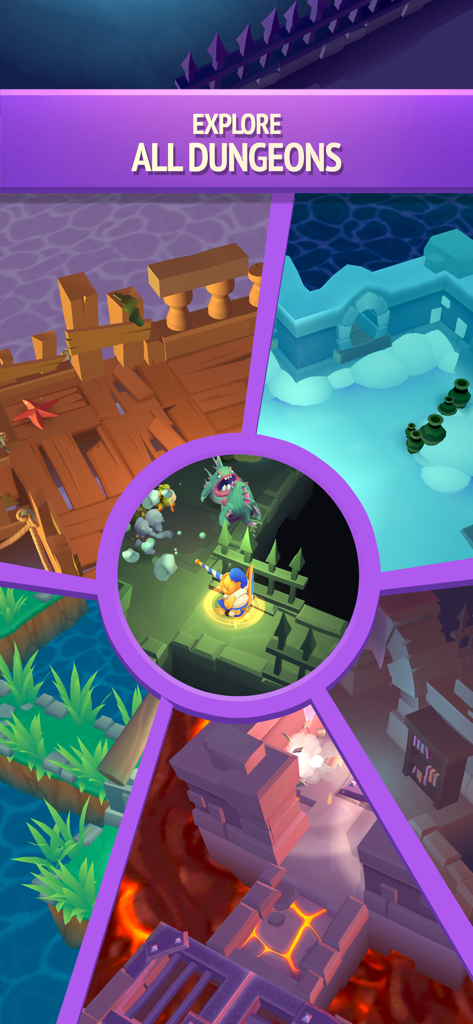 Nonstop Knight 2 - Action RPG - Collage showcasing various dungeon environments in Nonstop Knight 2 including ice lava and forest levels