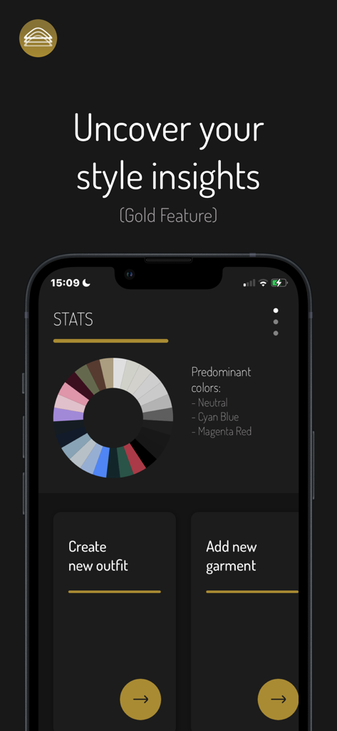 Outfiter - A mobile screen showing the Outfiter app style statistics page with a color wheel representing predominant wardrobe colors.