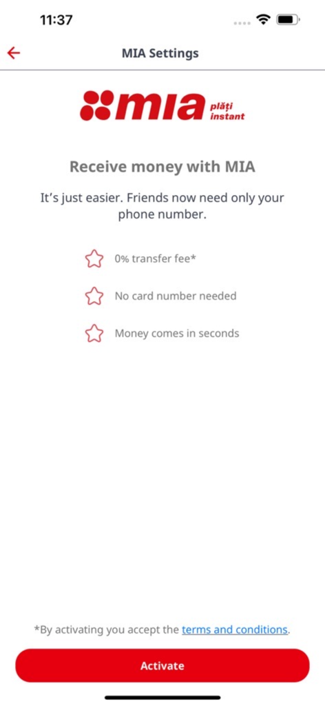 ProCredit Moldova mobile app screen for activating MIA instant payments