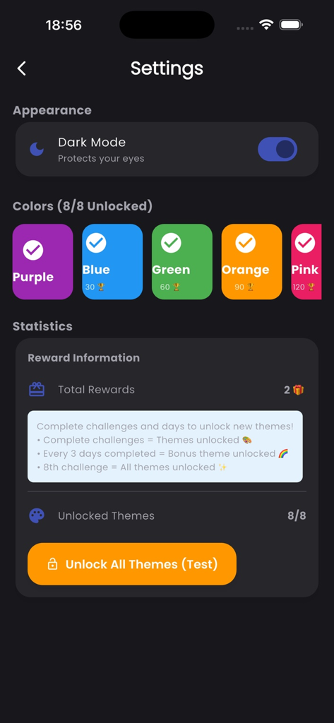 21 Days – AI Challenge - Pantalla de configuración de la aplicación 21 Días Desafío IA que muestra el modo oscuro y varias opciones de personalización de temas coloridos