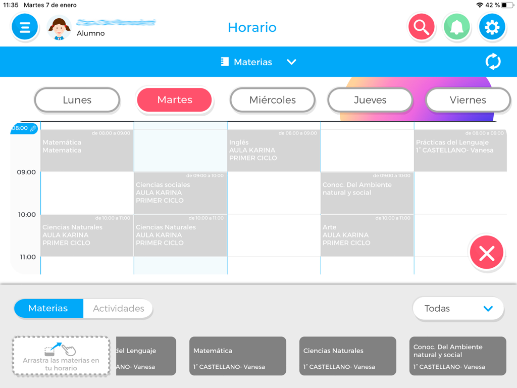 Pantalla del horario de clases del estudiante en la aplicación educativa Compartir 4