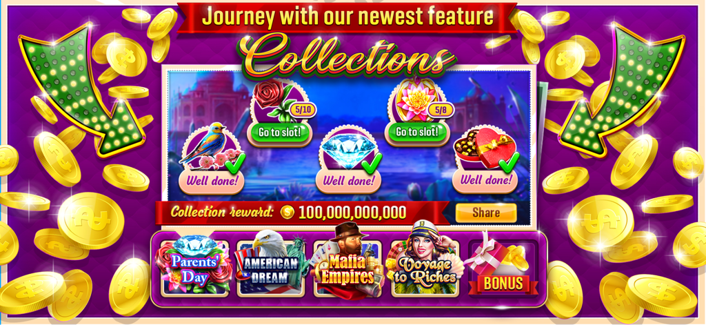 Slots Crazeアプリのスクリーンショット。コレクション機能が表示され、巨額のコイン報酬と様々なテーマのスロットマシンが並んでいます。