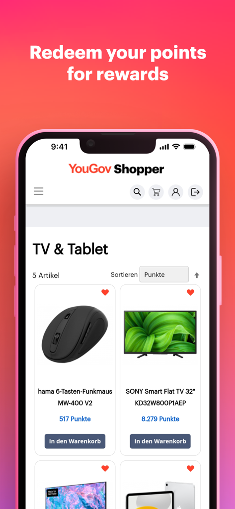 Interfaz de la aplicación YouGov Shopper mostrando un catálogo de recompensas con productos electrónicos disponibles para canjear puntos