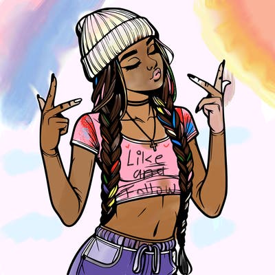 realistic teenage girl with braids and a beanie and crop top doing 🫶🏼